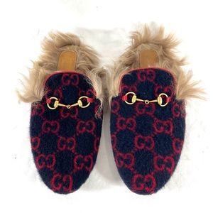 GUCCI Navy Blue & Red Wool GG Pattern Horsebit Women Princetown Slippers 39-9US
